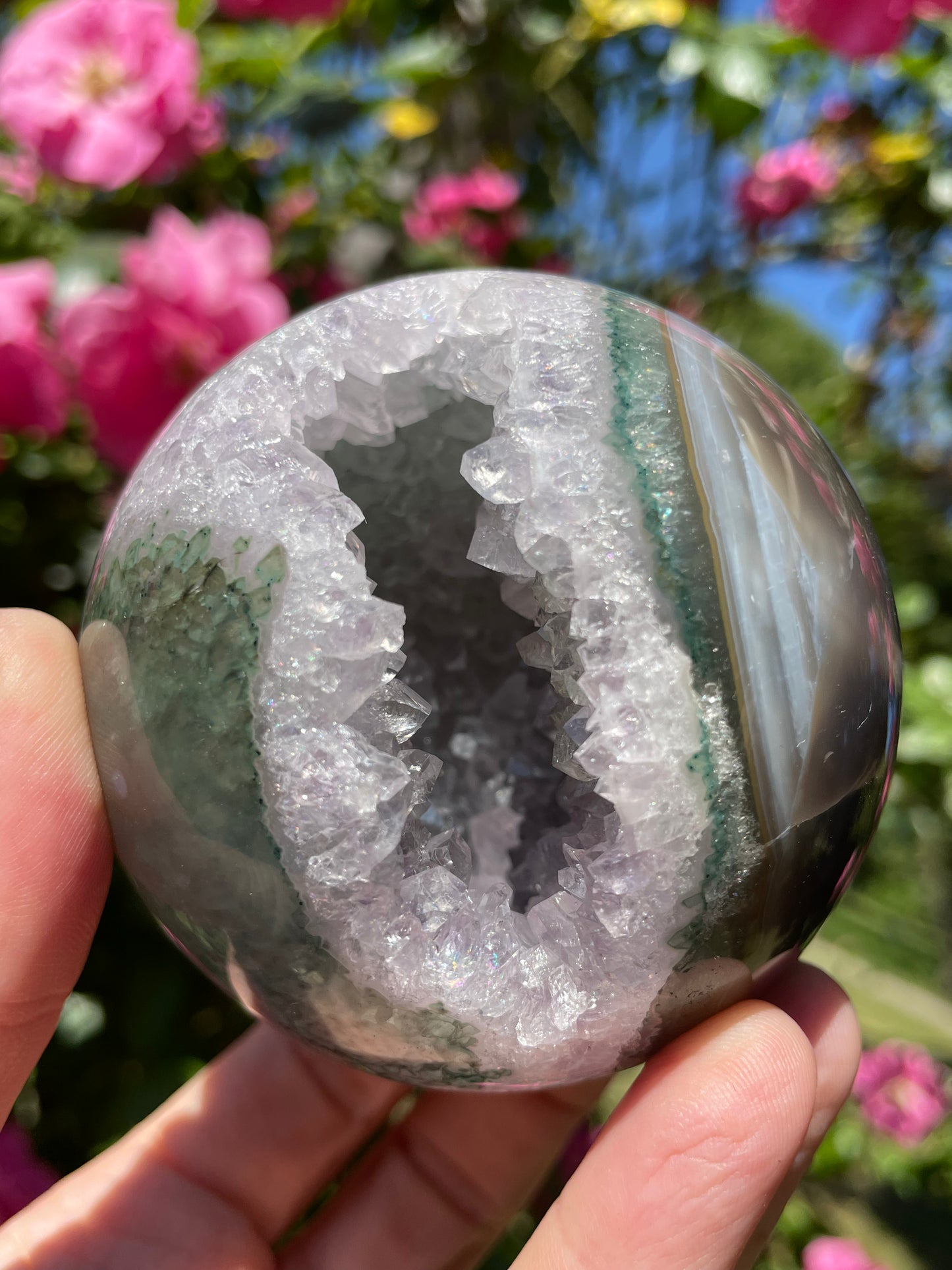 Amethyst Sphere with Green Brown Agate from Uruguay
