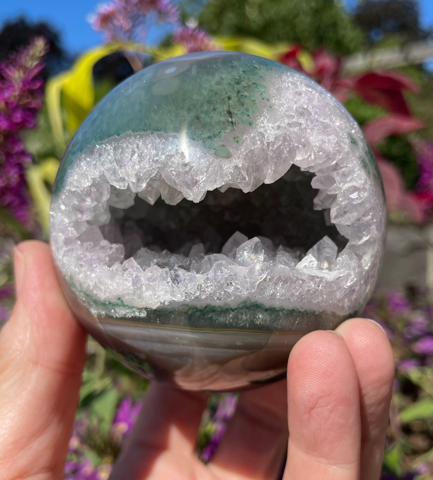 Amethyst Sphere with Green Brown Agate from Uruguay