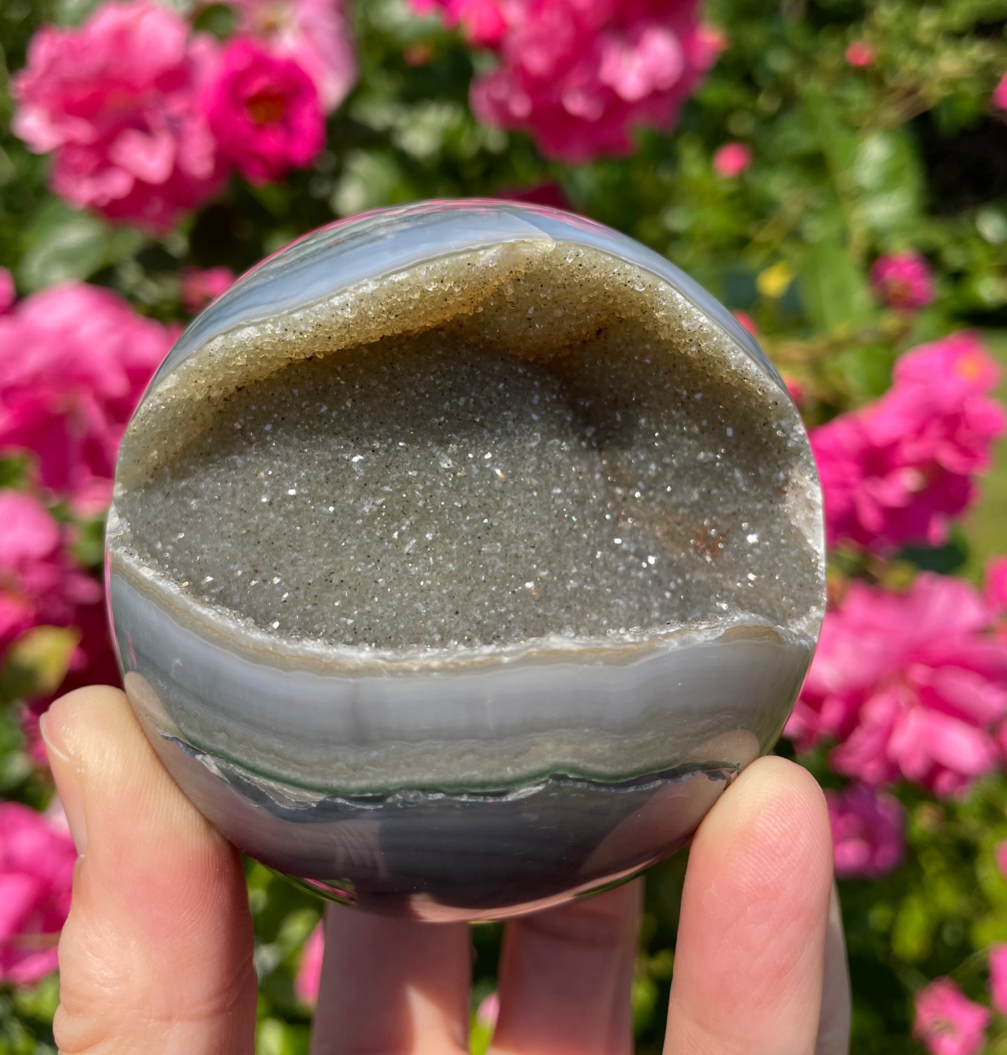 Agate druzy Green Brown Sphere from Uruguay