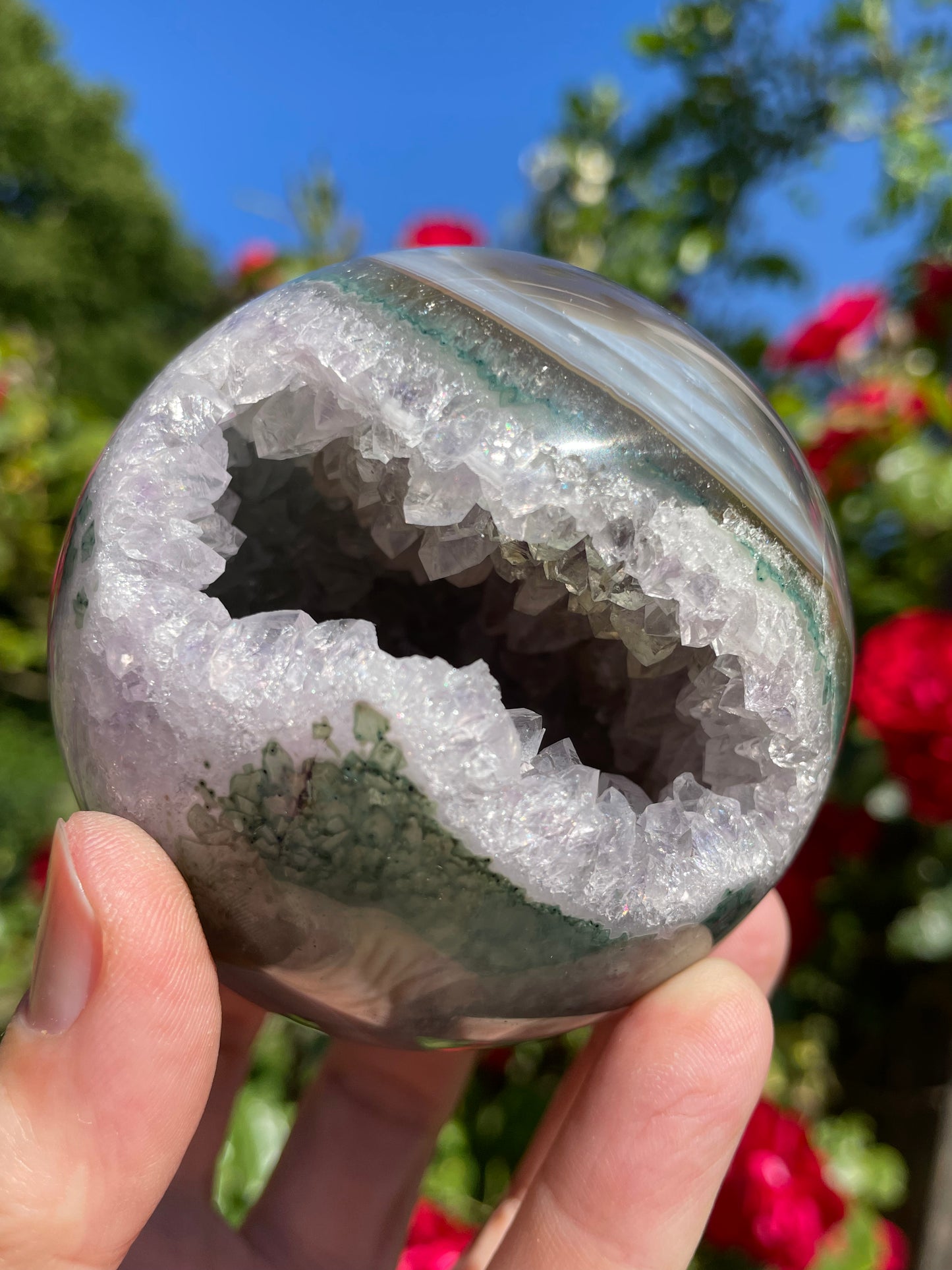 Amethyst Sphere with Green Brown Agate from Uruguay