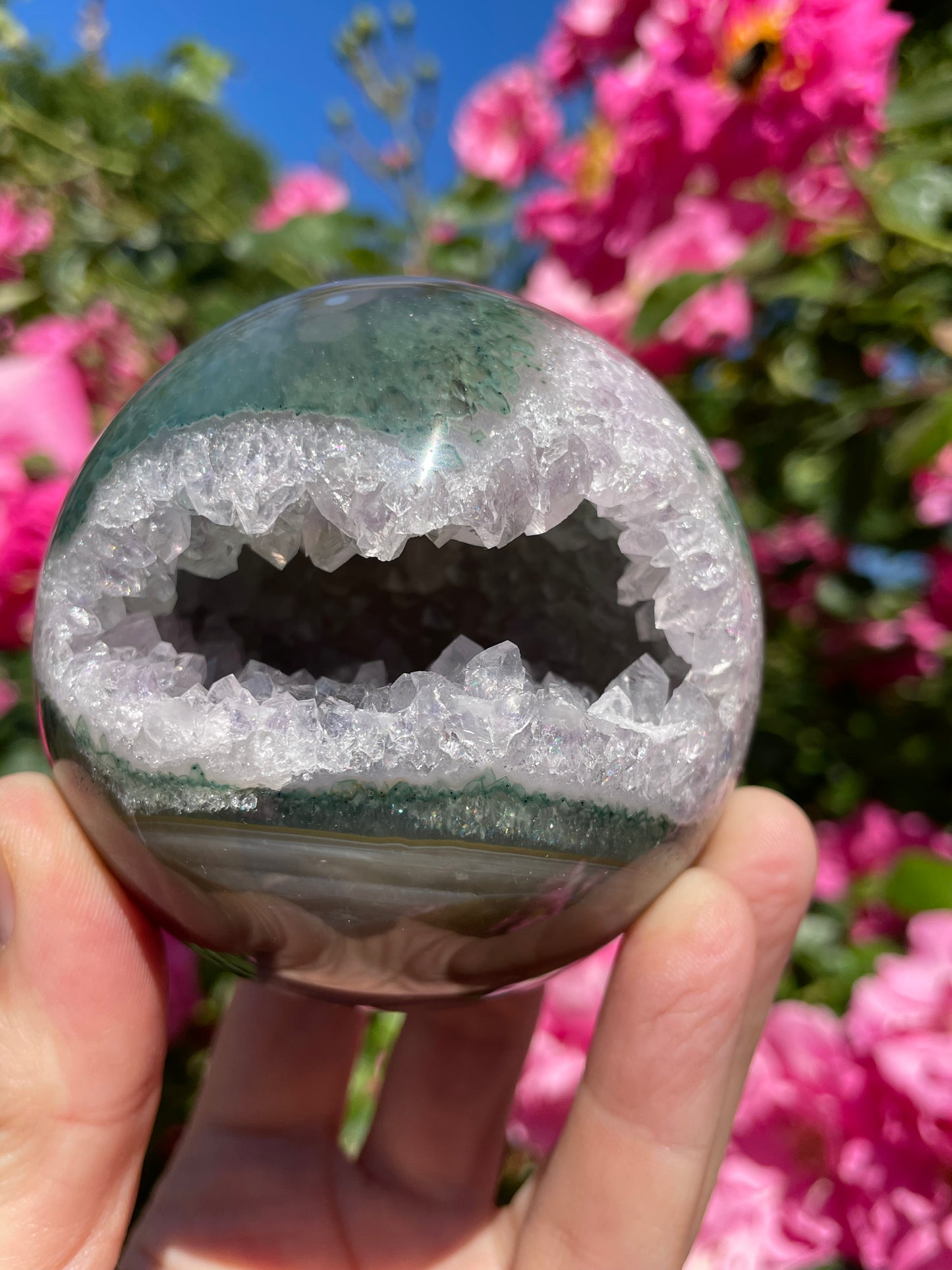 Amethyst Sphere with Green Brown Agate from Uruguay