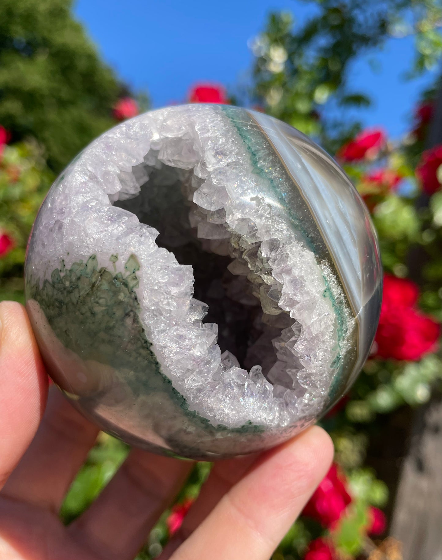 Amethyst Sphere with Green Brown Agate from Uruguay
