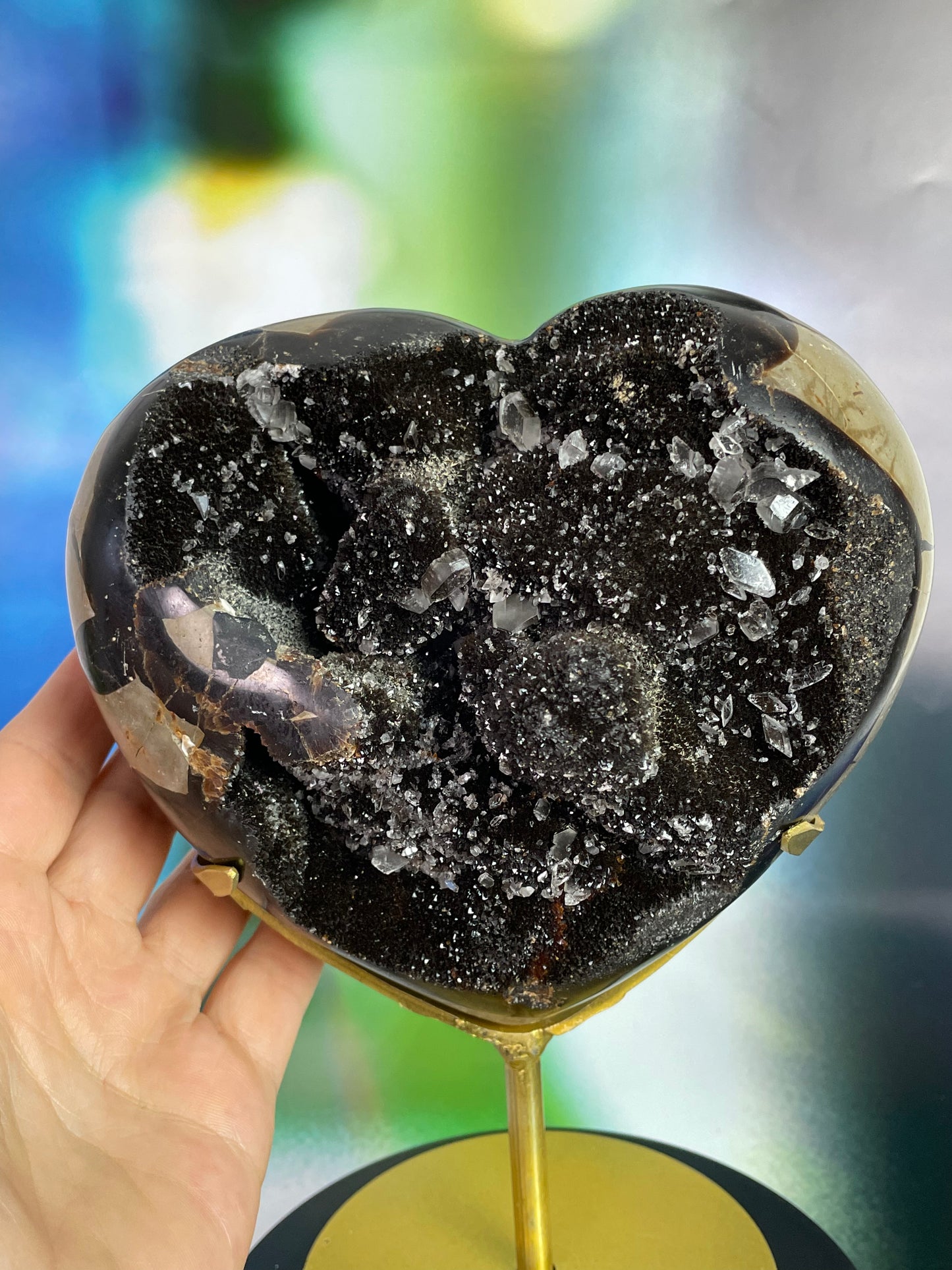 Septerian Druzy Heart with Quartz Crystal on Stand Large