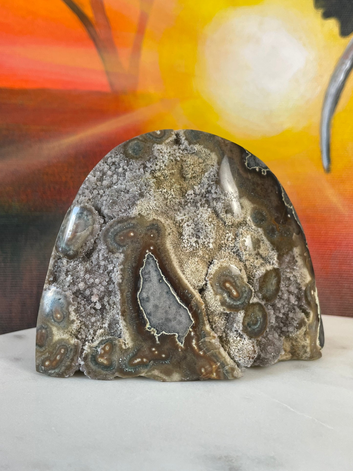 Druzy Yellow-Brown Jasper with Quartz and Green Stalactite Eyes from Uruguay