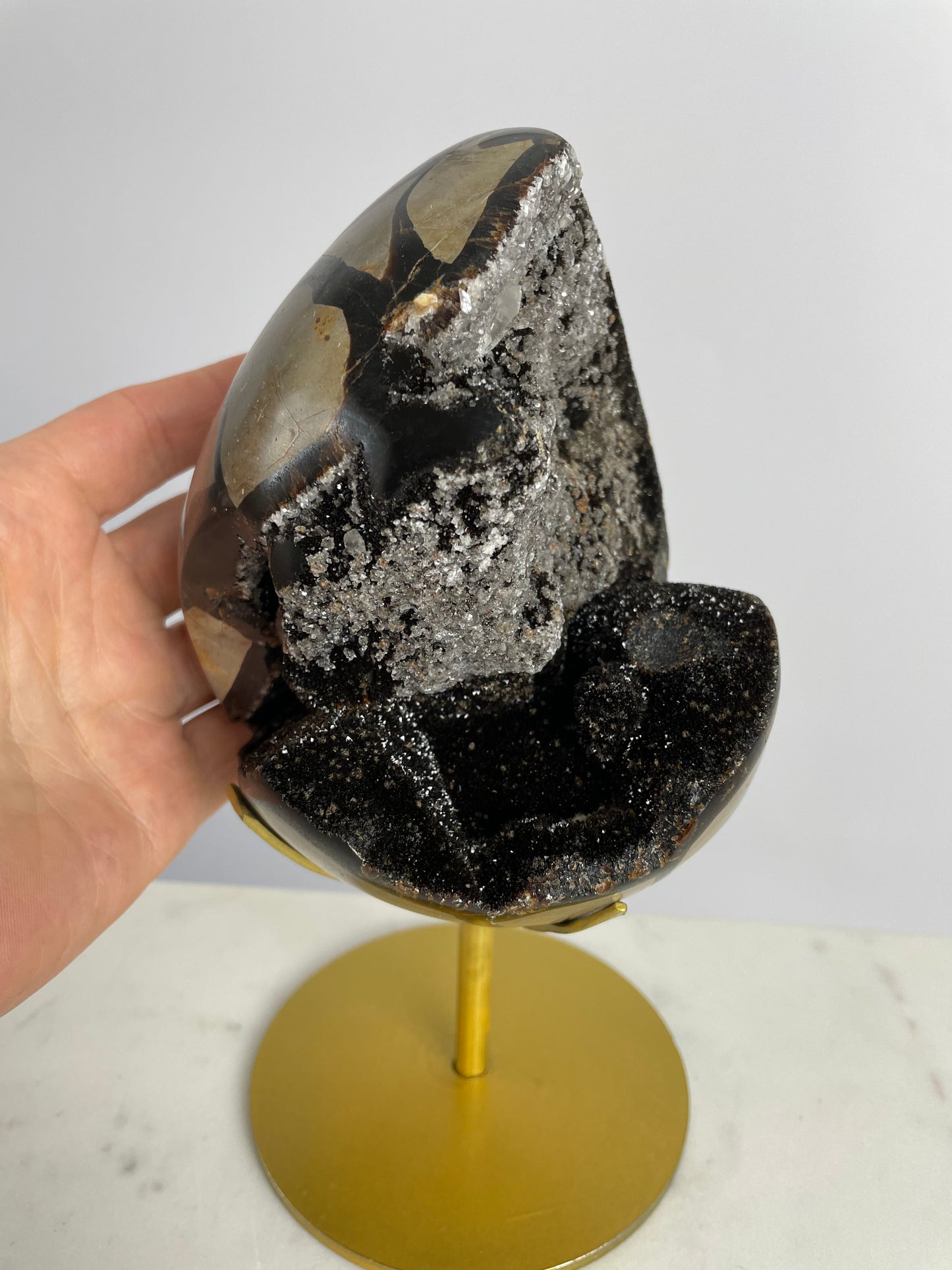 Septerian Druzy Egg with Quartz Crystal on Stand Large