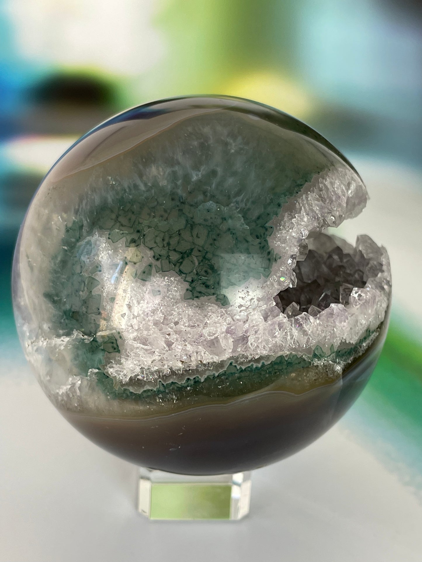 Amethyst Sphere with Green Brown Agate from Uruguay