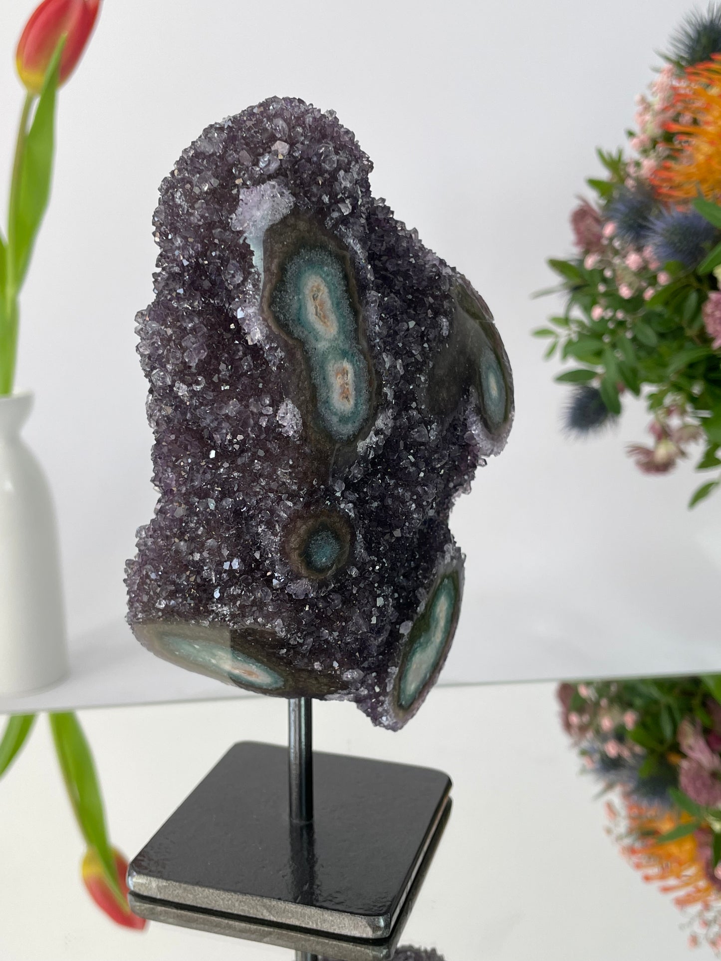Amethyst Druzy with Stalactite Eyes on Stand from Uruguay