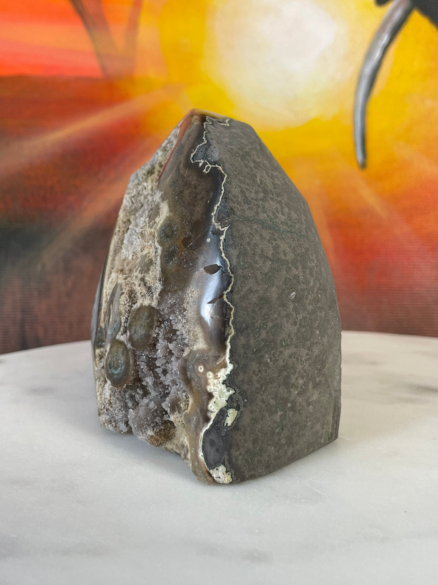 Druzy Yellow-Brown Jasper with Quartz and Green Stalactite Eyes from Uruguay