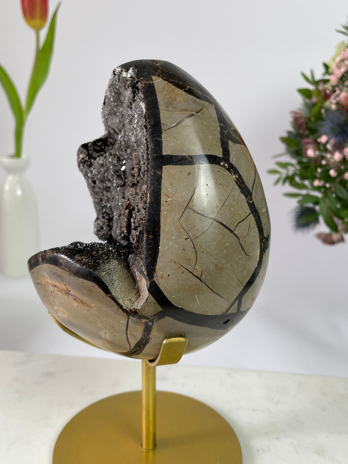 Septerian Druzy Egg with Quartz Crystal on Stand Large