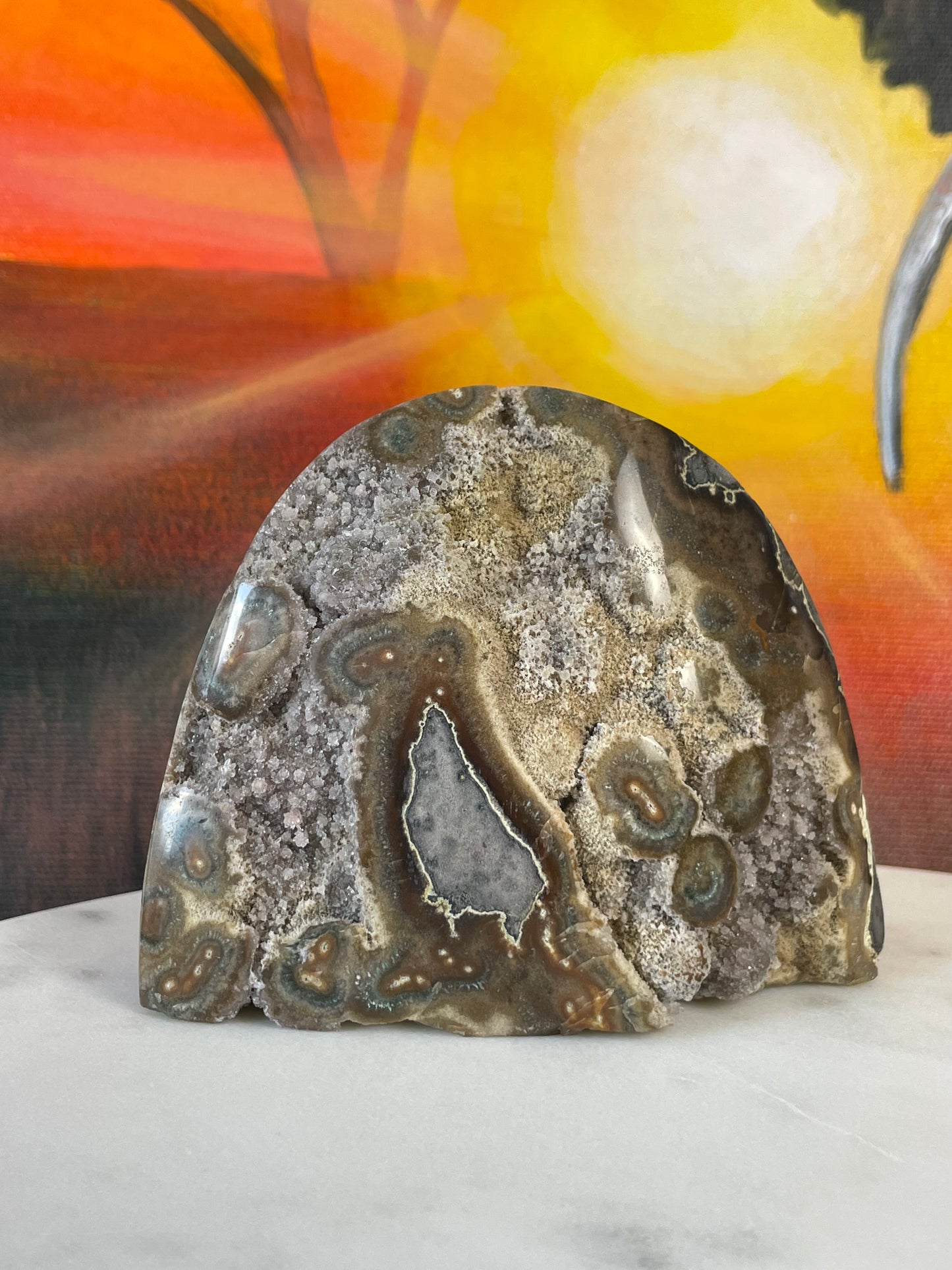 Druzy Yellow-Brown Jasper with Quartz and Green Stalactite Eyes from Uruguay