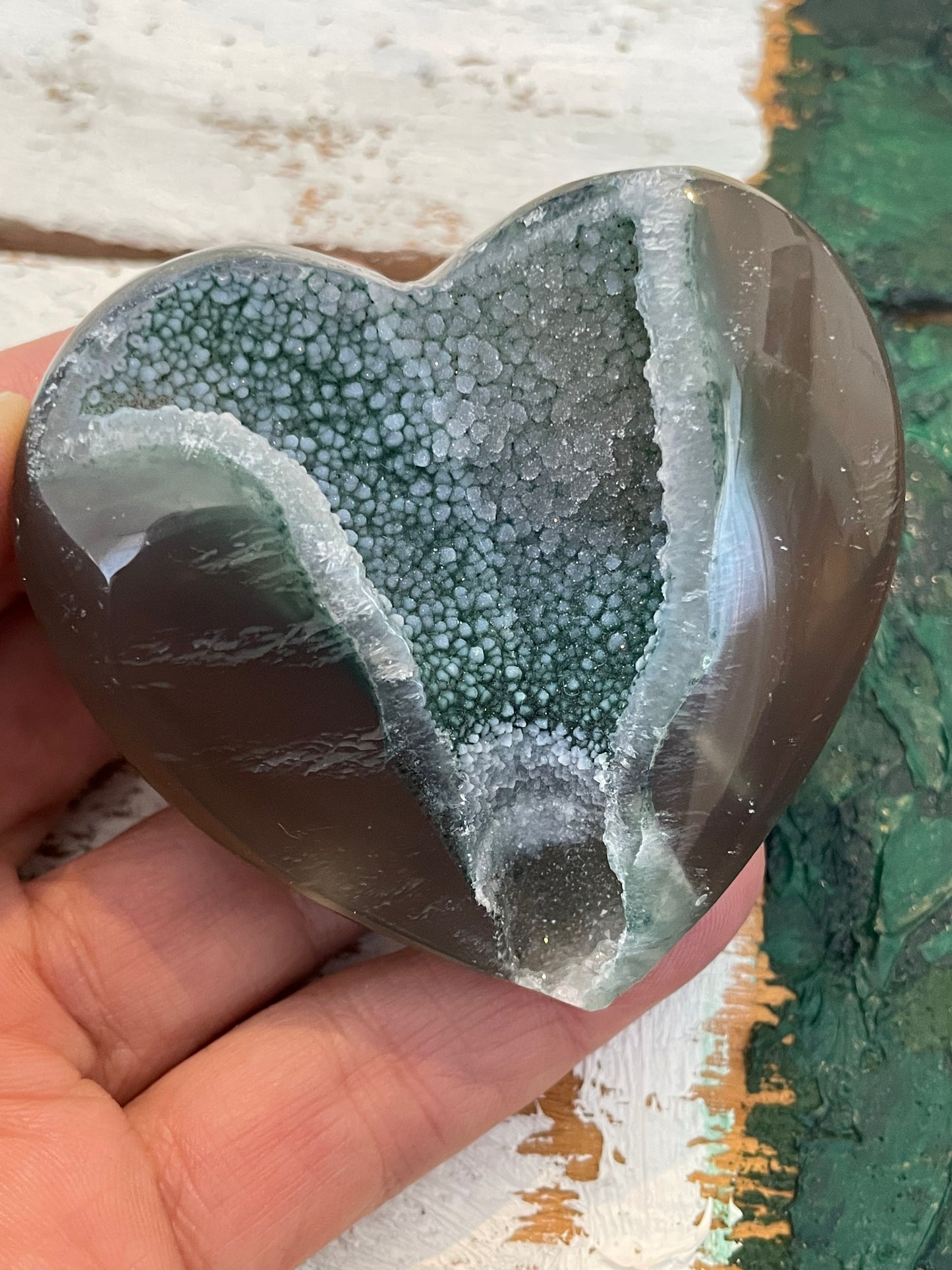 Agate Druzy Green Crystal Heart from Uruguay