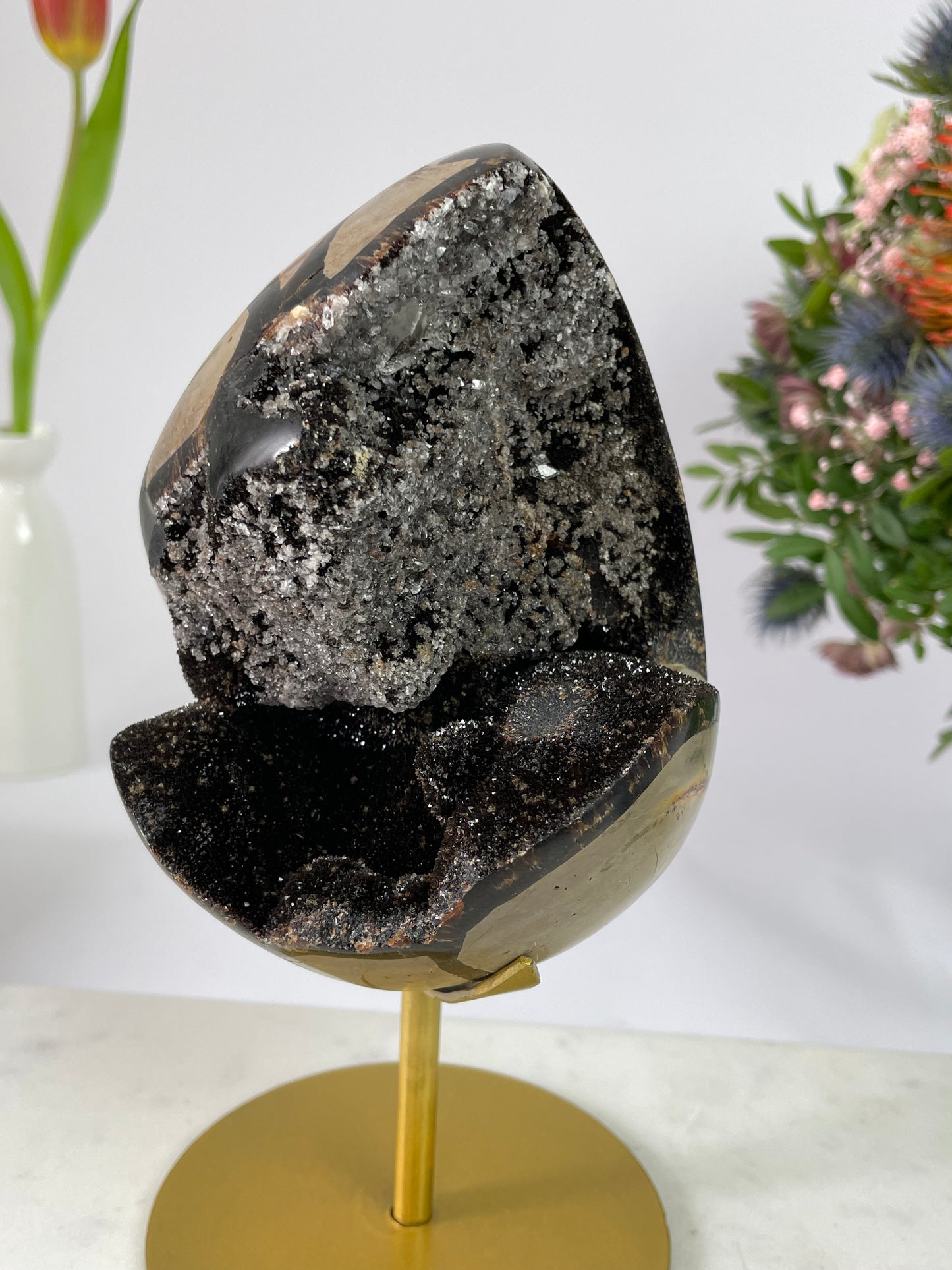 Septerian Druzy Egg with Quartz Crystal on Stand Large
