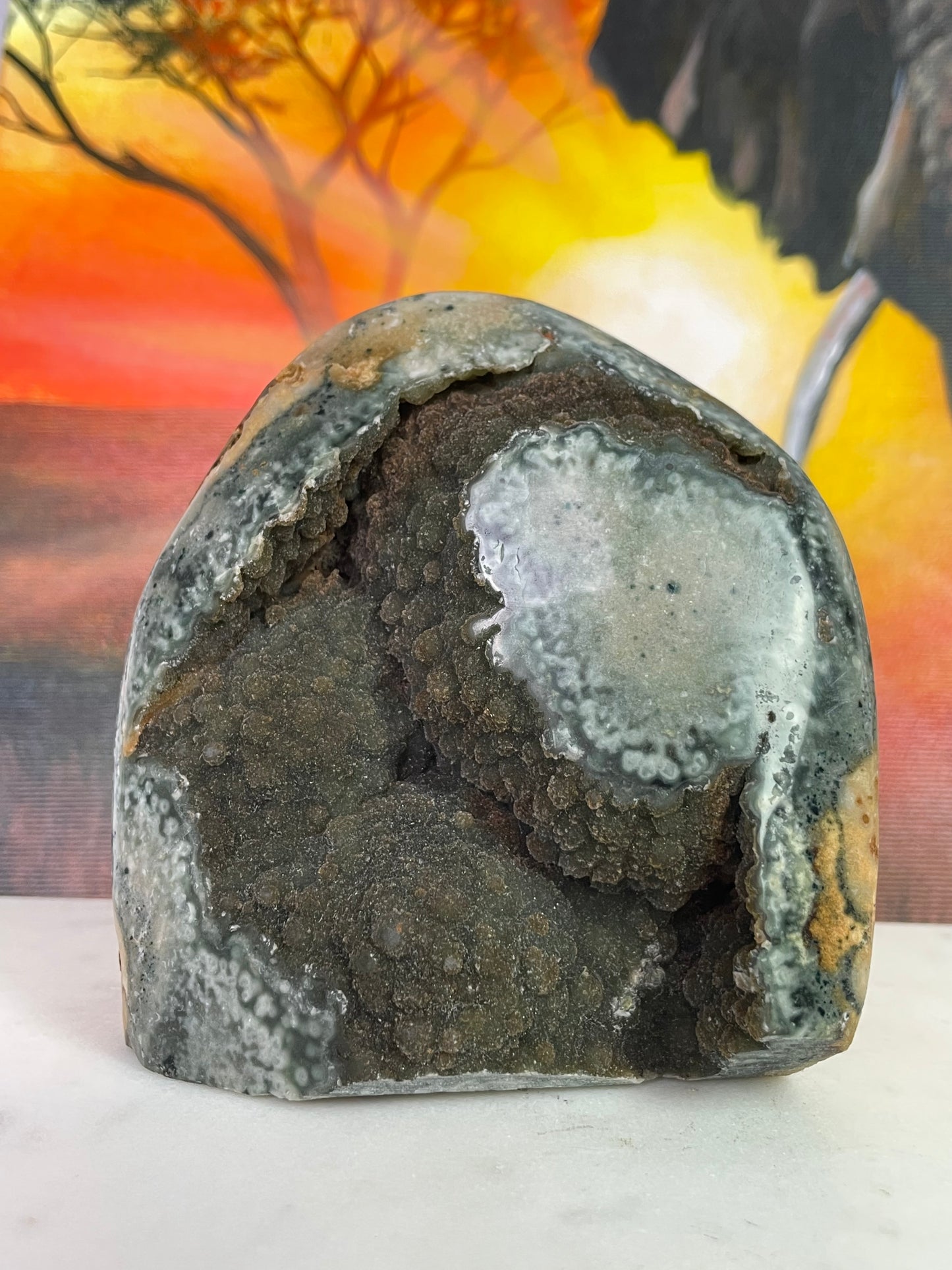 Druzy Jasper Green Cut Base from Uruguay