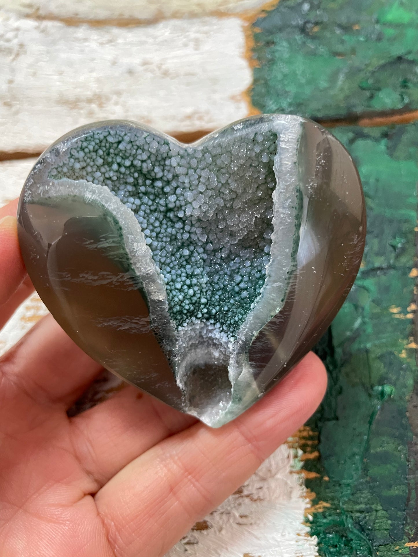 Agate Druzy Green Crystal Heart from Uruguay