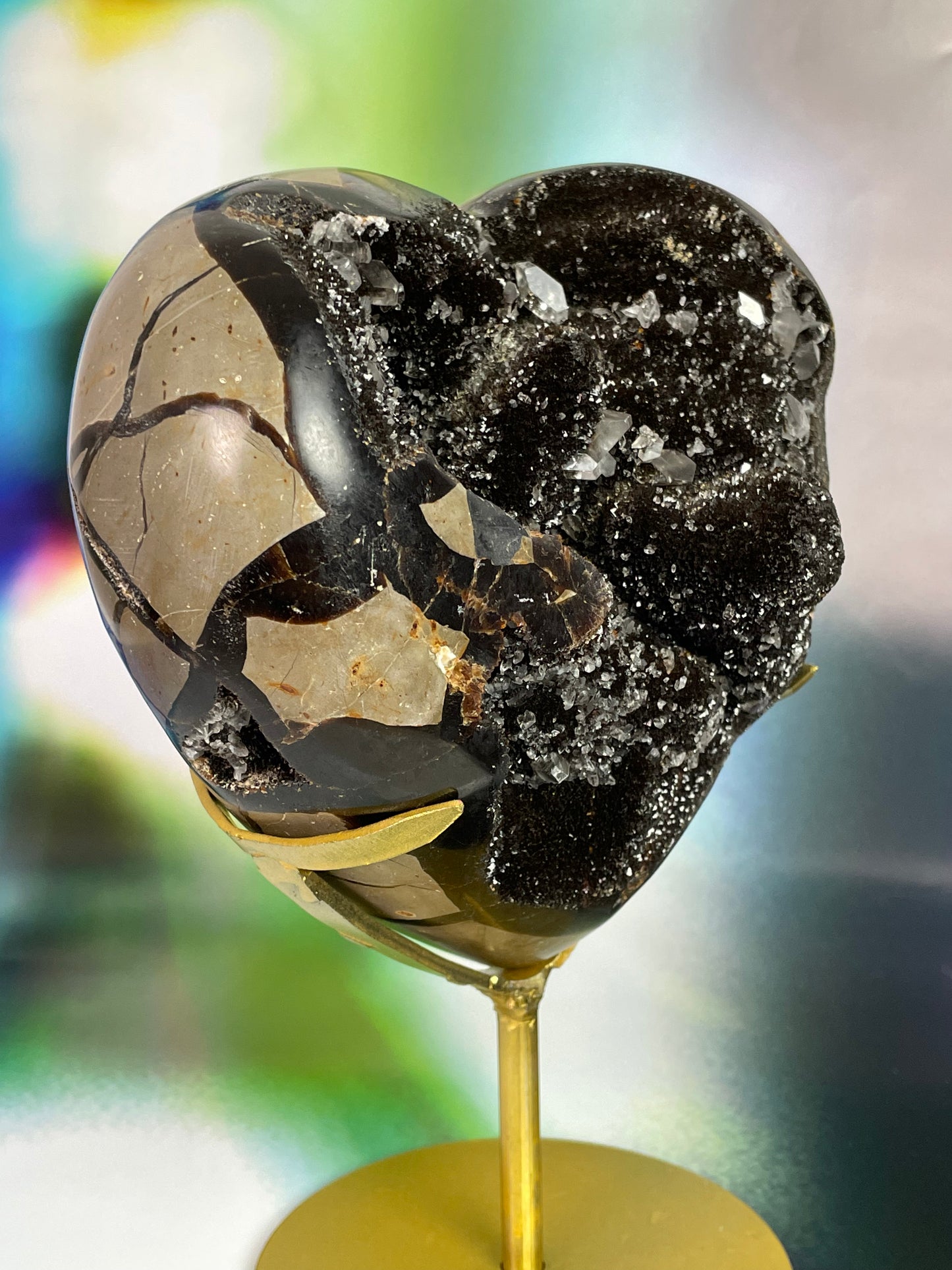 Septerian Druzy Heart with Quartz Crystal on Stand Large