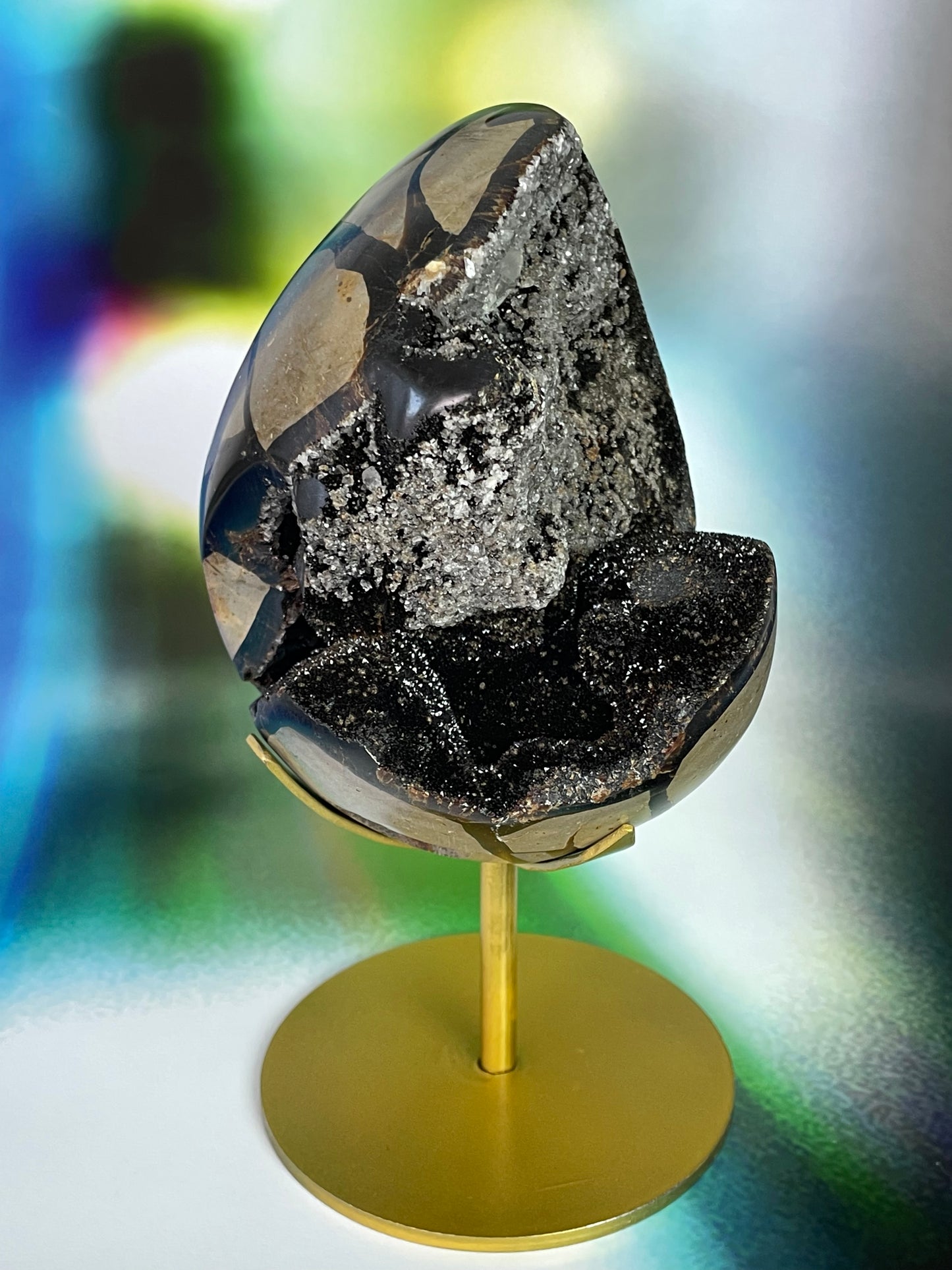 Septerian Druzy Egg with Quartz Crystal on Stand Large
