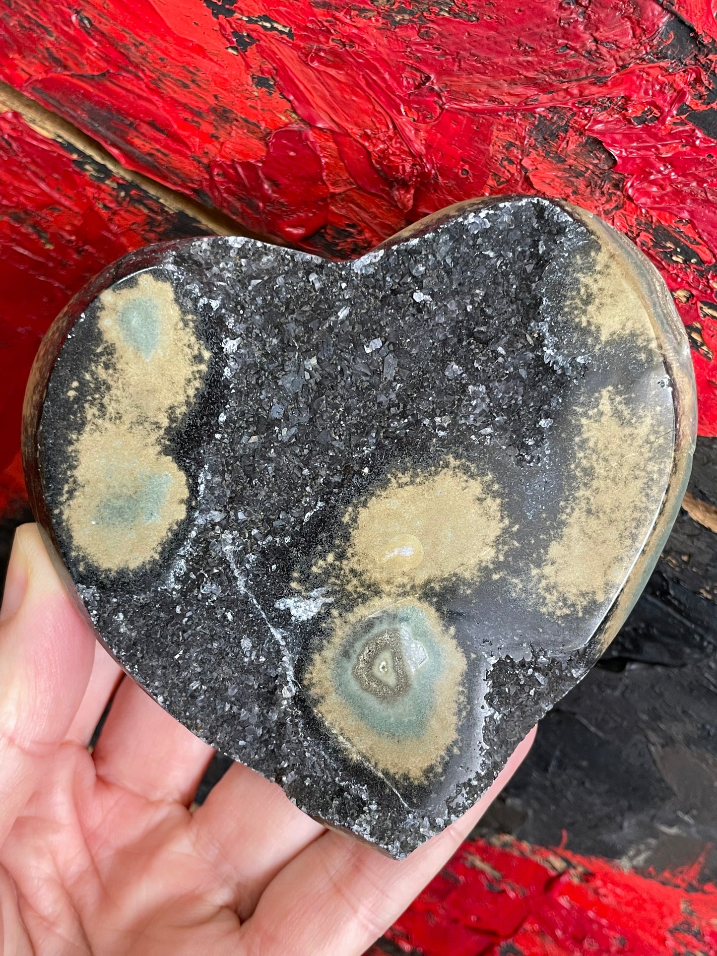 Jasper Black Druzy Heart with Yellow-Green Stalactite Eye from Uruguay