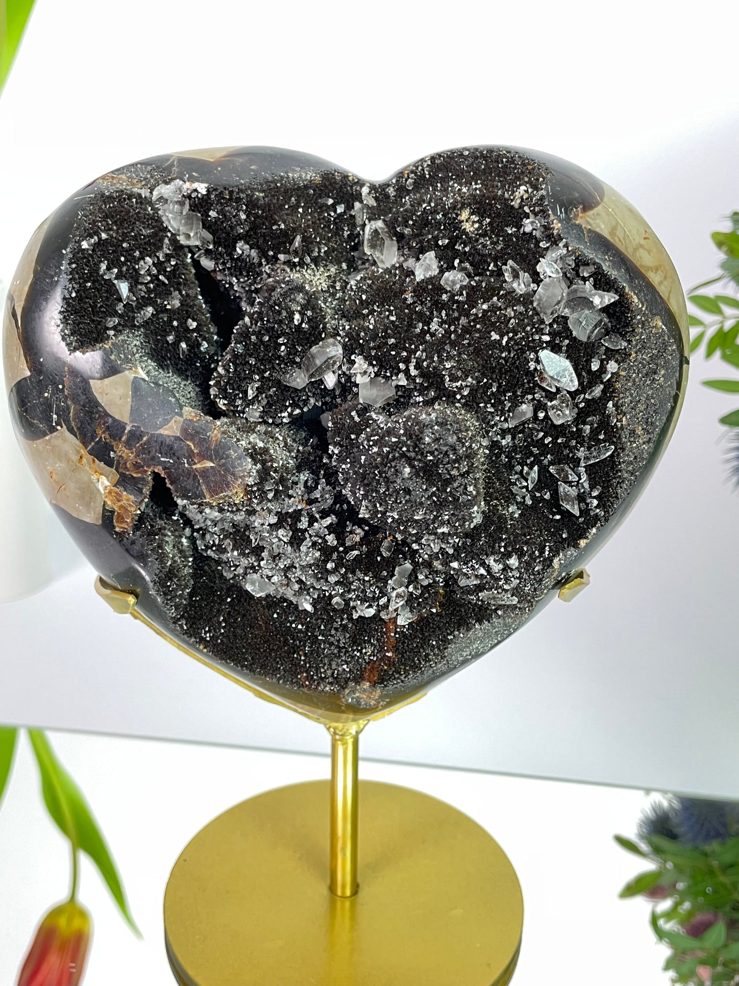 Septerian Druzy Heart with Quartz Crystal on Stand Large