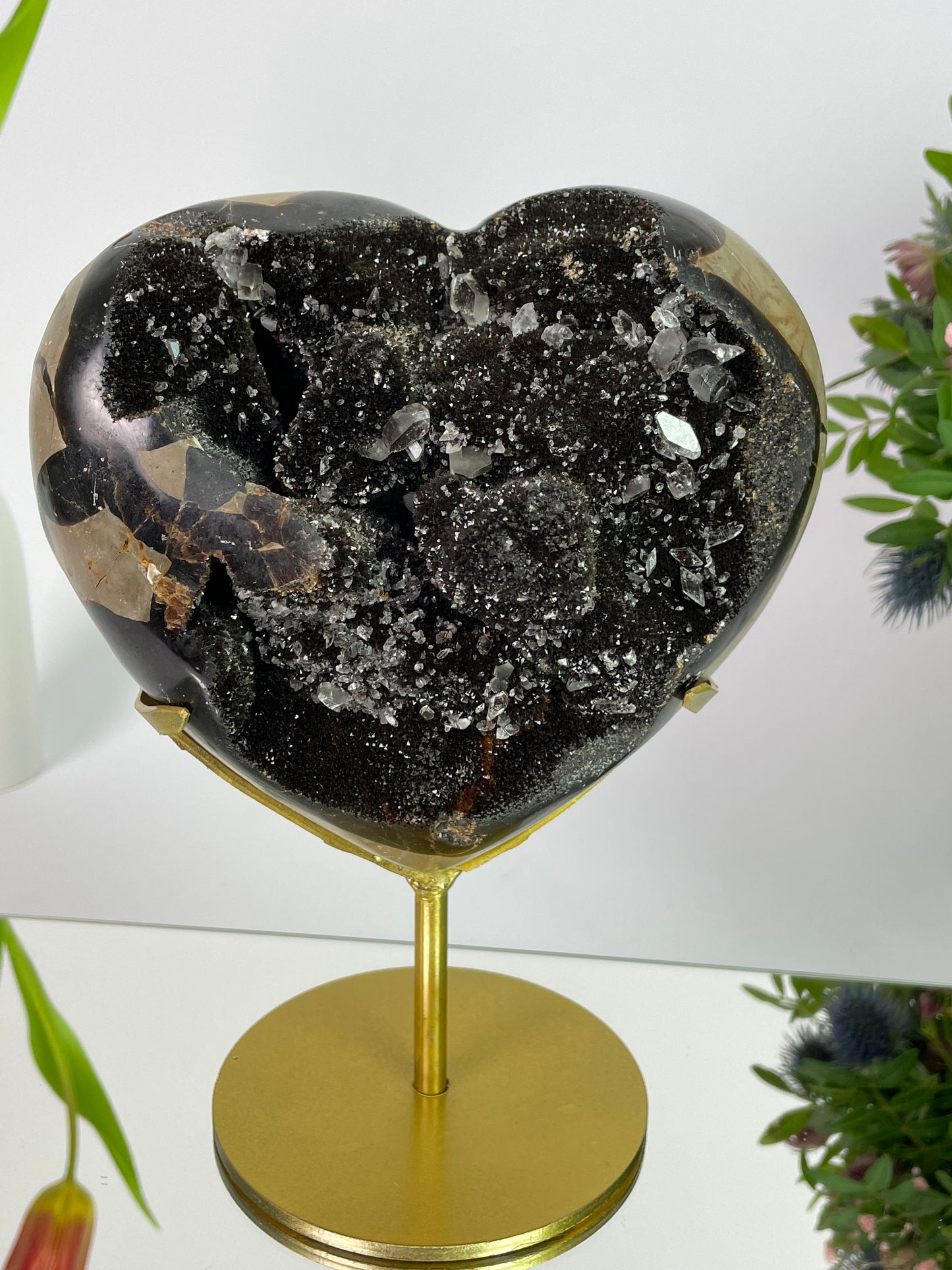 Septerian Druzy Heart with Quartz Crystal on Stand Large