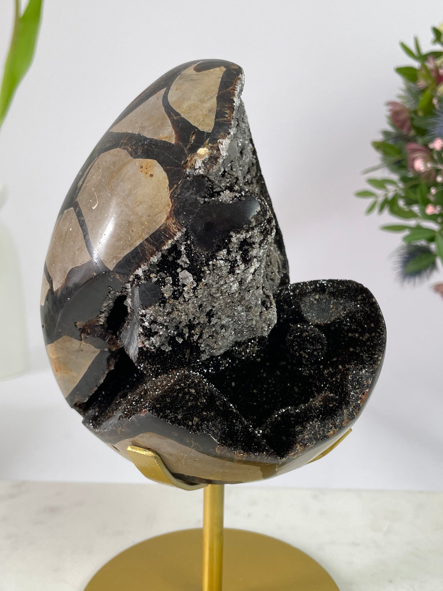 Septerian Druzy Egg with Quartz Crystal on Stand Large
