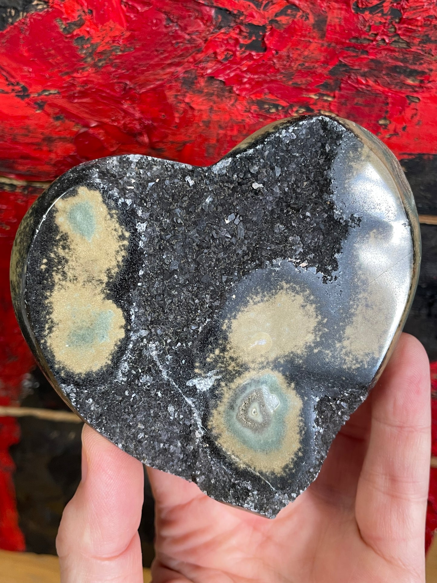 Jasper Black Druzy Heart with Yellow-Green Stalactite Eye from Uruguay