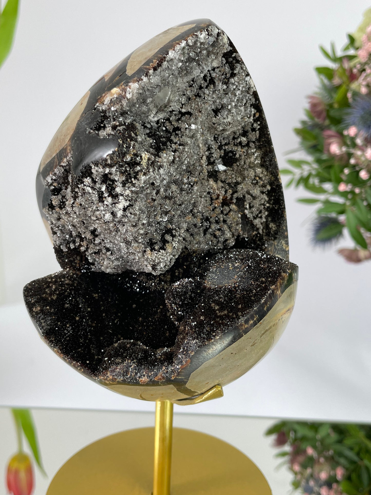 Septerian Druzy Egg with Quartz Crystal on Stand Large