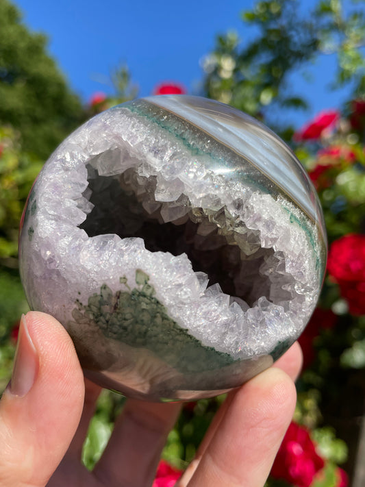 Amethyst Sphere with Green Brown Agate from Uruguay